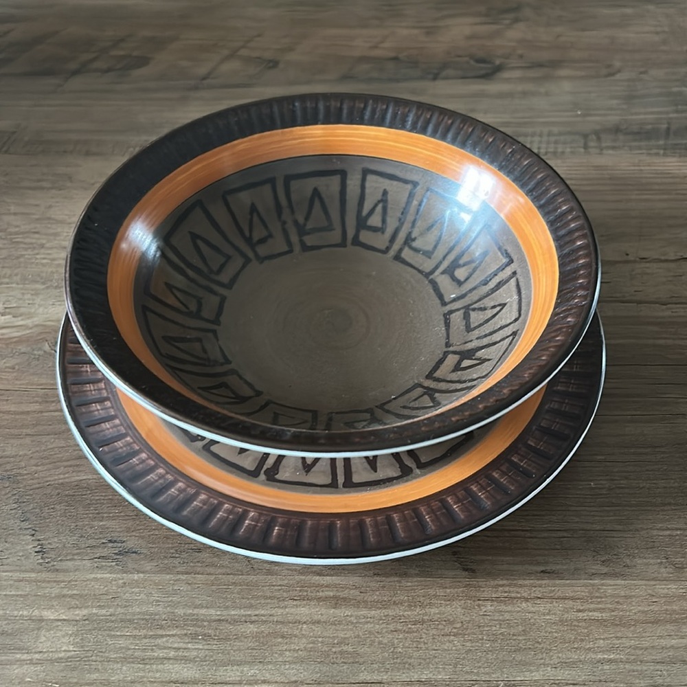 Casual Ceram Electra Athena stoneware brown and orange salad plates and bowl